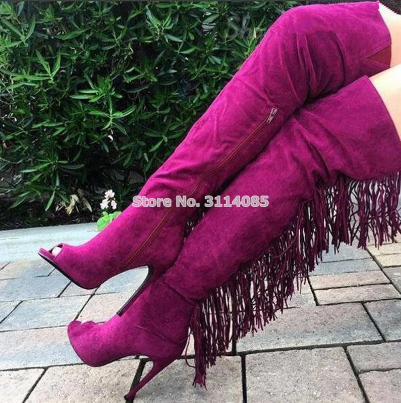 

Ladies Sexy Fuchsia Blue Black Suede Tassel Long Boots Over-the-knee Dress Boots Nightclub Fringe Boots Slim Fit Banquet Shoes