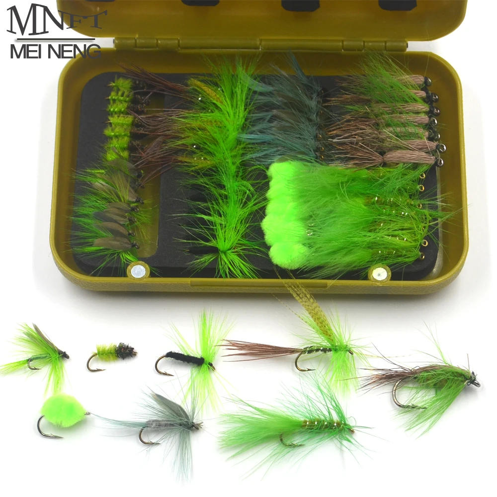 MNFT 1set (40/56PCS) Fly Fishing Flies Combo Green Series Artificial Insects Bait Fishing Lure Hooks With Fly Box