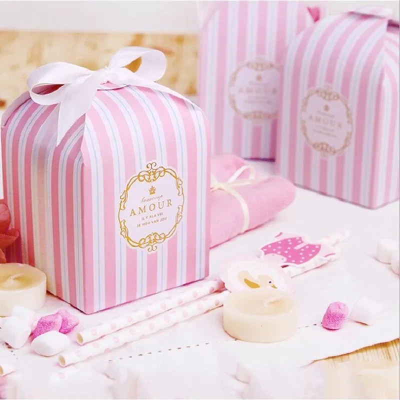 European Stripe Candy Box Wedding Favors Supplies Baby Shown Birthday Party Event Gift Pastry Packing Boxes Bag 8x8x8cm