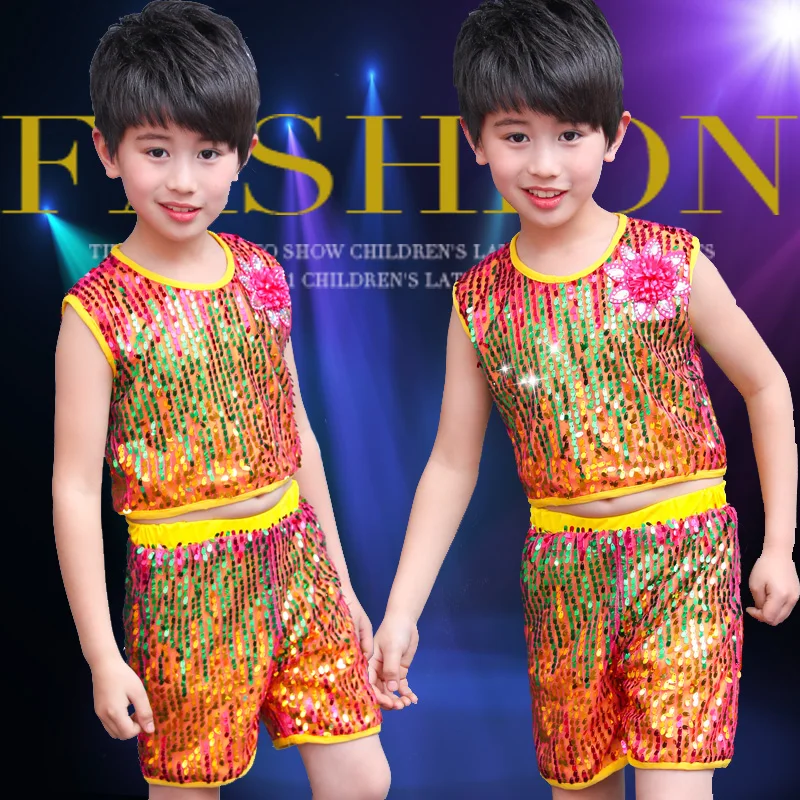 Kid boy girl dance colorful rainbow sequins glitter jazz costume dress clothes hip hop dance stage costume clothing tutu