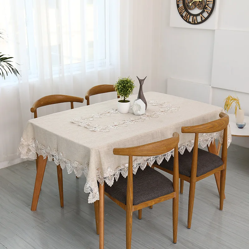 Plain Colour Tablecloth Cotton Linen Pure Light Gray European Style Cover Map Lace Hem Washable Table Cloth for Tea Table