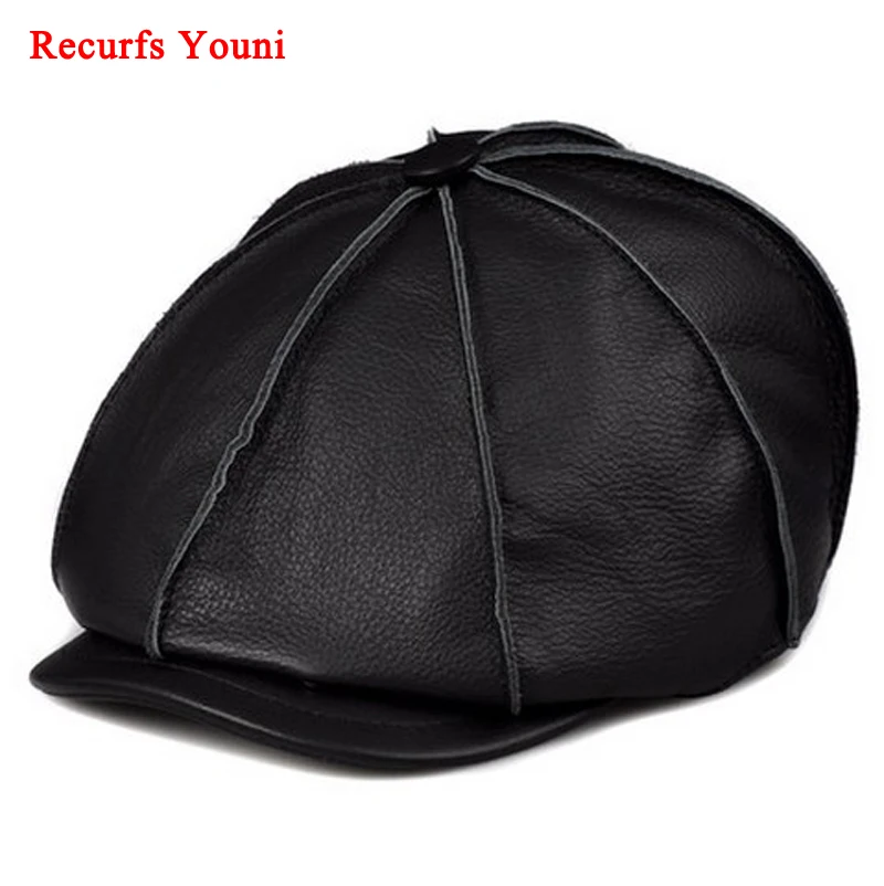 RY116 New Arrival 2023 Winter Men/Woman Genuine Leather Black/Brown Cowboy Caps Quality Cowhide Painter Hats Street Casquette