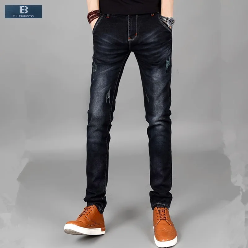 

[EL BARCO] Hot Cotton Denim Men Jeans Scratched Soft Breathable Solid Black Male Slim Jeans Pants Casual Long Straight Trousers