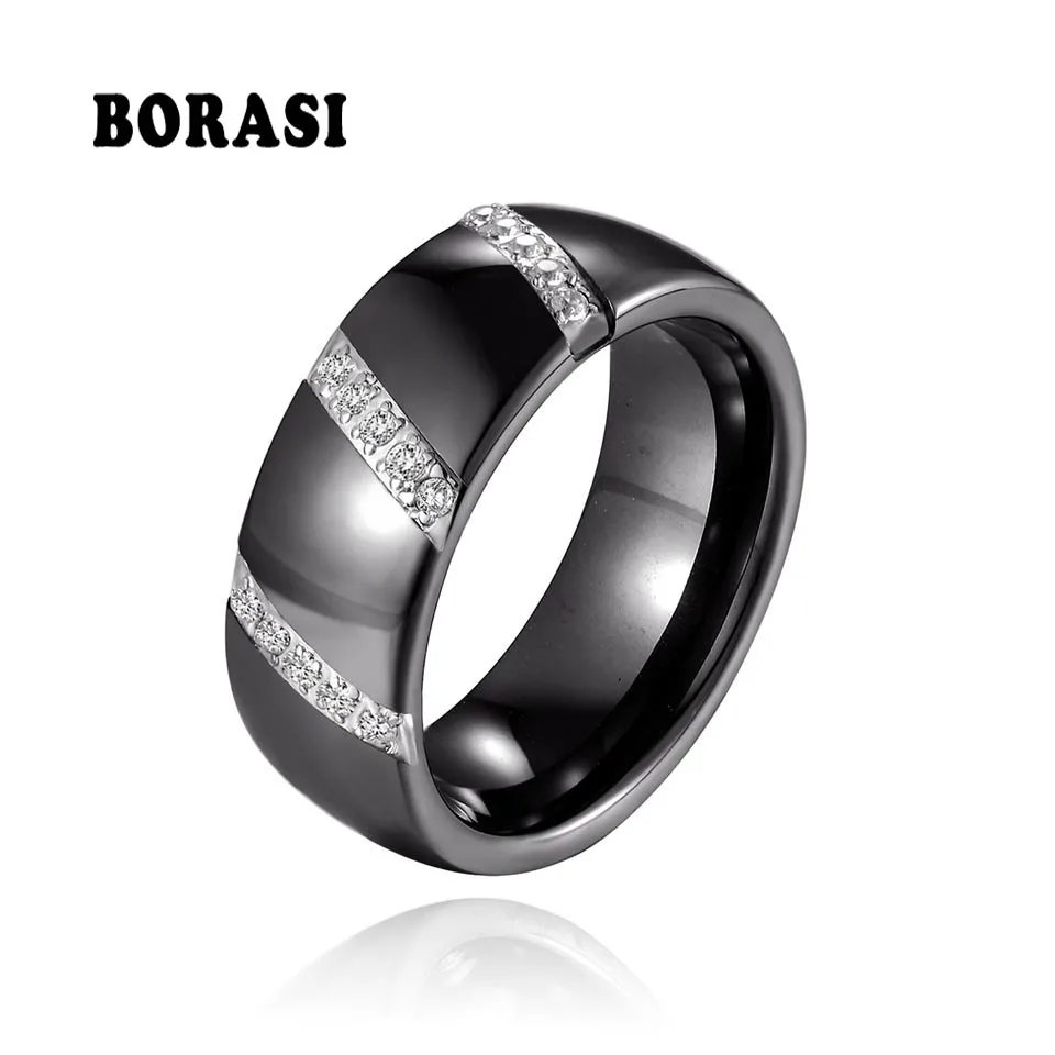 8mm High Quality Black And White Ceramic Simple Style Three Line Crystal Zircon Ceramic Rings For Women Fashion Jewelry Gift