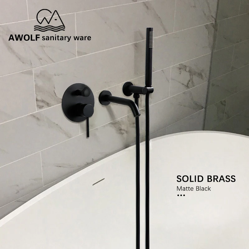 Bathroom Shower Set Wall Mounted Bathtub Spout Faucet Matte Black Solid Brass 3Pcs Hot Cold Mixer Tap Shower Bath Washing AH3025