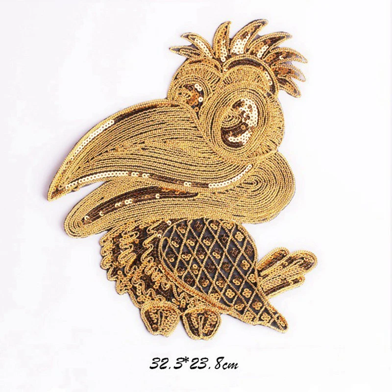 High Quality Golden Owl Butterfly Crow Patches Sew On Appliques Cartoon Sequins Embroidery Woodpecker Clothes Dress Accessories