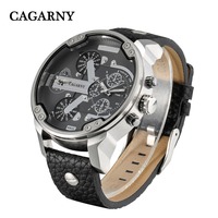 Classic Big Case Analog Quartz Watch For Men Luxury Brand Cagarny Dual Times Miltiary Relogio Masculino Black Leather Strap Saat