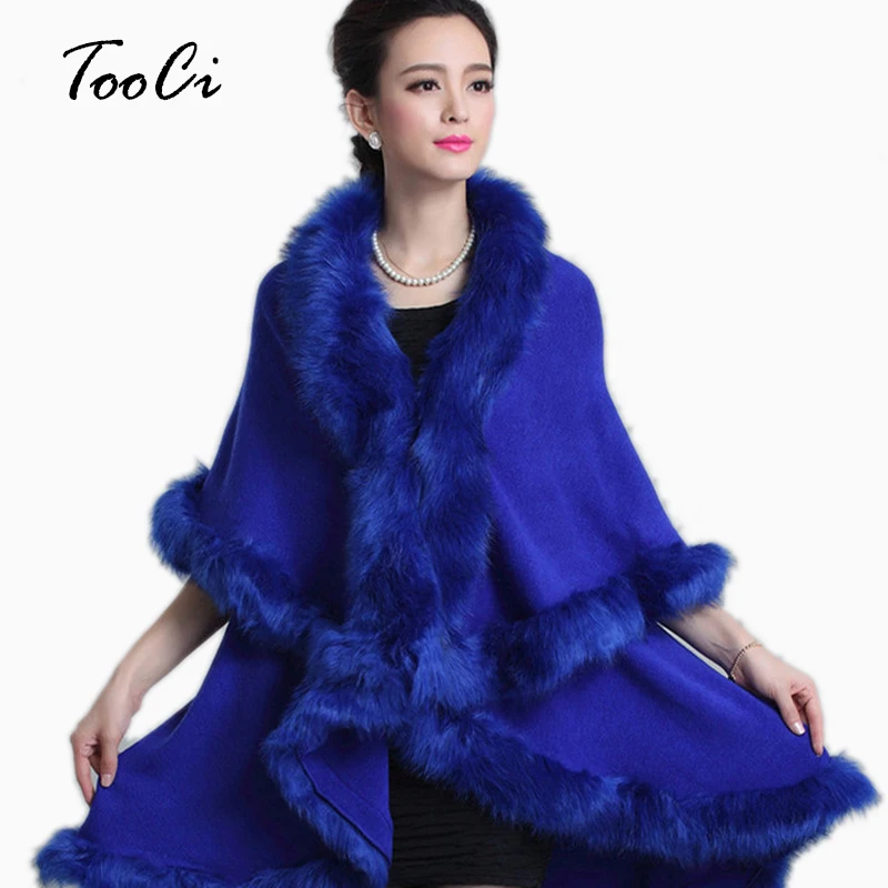 New Spring Fashion Long Sweater Blue Women Imitation Fox Fur Collar Knitted Poncho  Cardigan Lady Wool Sweater Coat