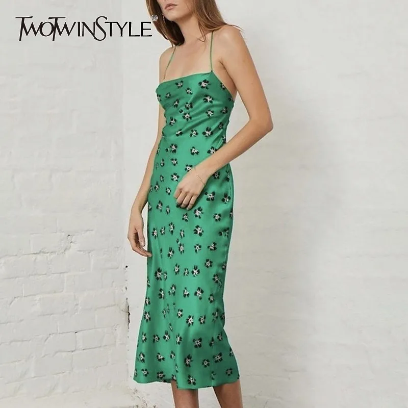 TWOTWINSTYLE Sexy Sleeveless Print Women Dress Off Shoulder Backless Bandage Slim Midi Dresses Female Fashion Summer 2020