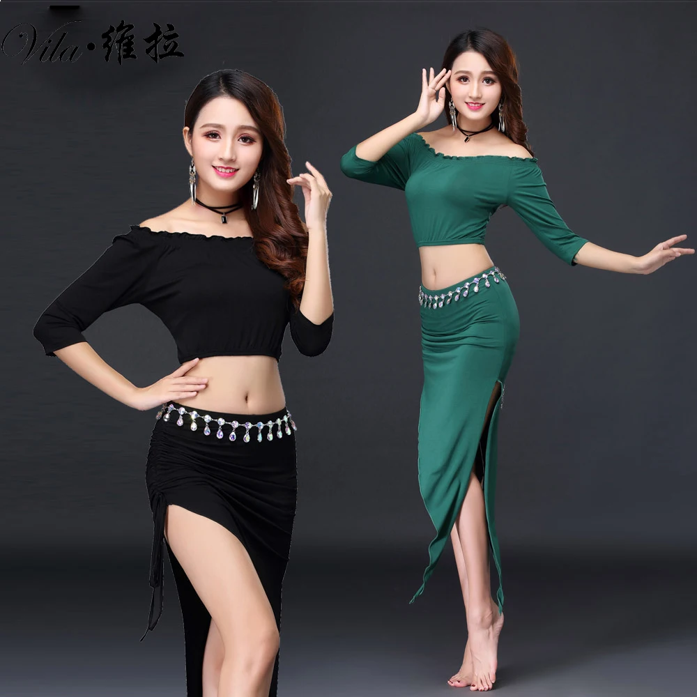 2022 Belly Dance Coustom long sleeve top+ skirt+Belt for dancing performance dance cloth for indian dance cloth