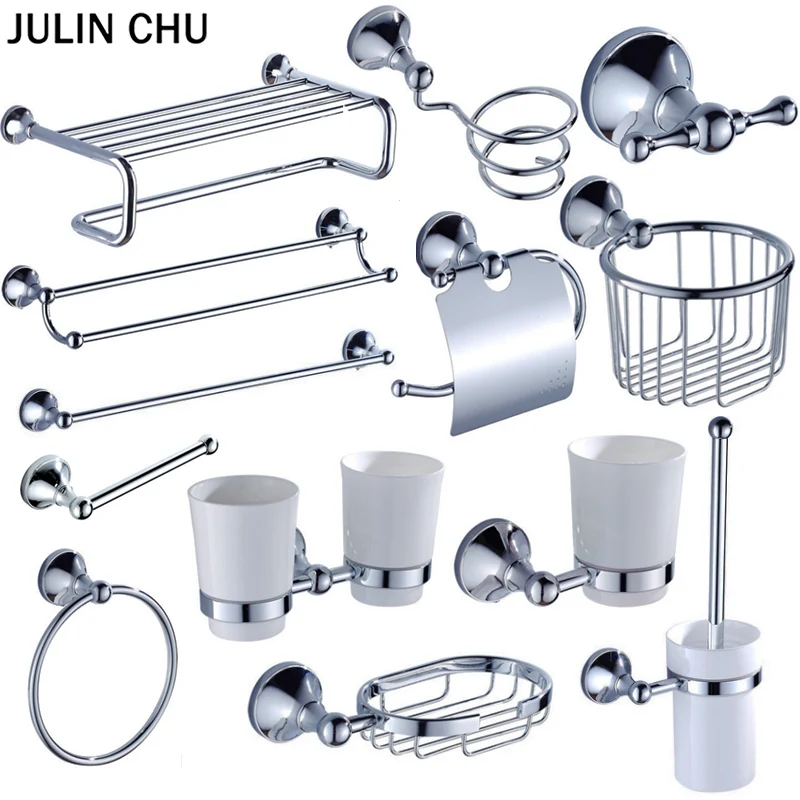 Chrome Bathroom Hardware Sets Brass Toilet Brush Holder WC Roll Paper Towel Shelf Shower Soap Dish Wall Hooks Hairdryer Holders