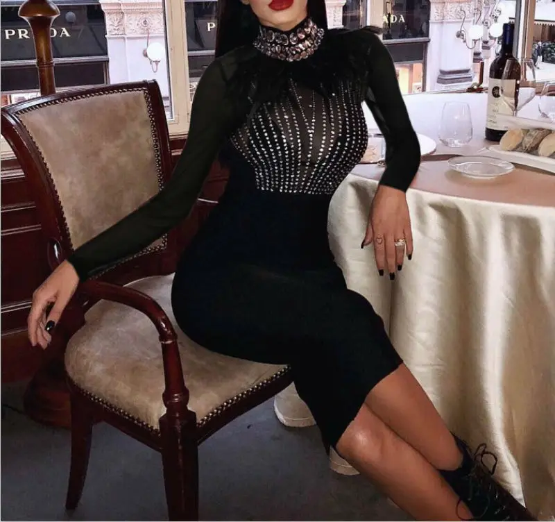 

New Fashion Sexy Celebrity Bodycon Bandage Dress Black Mesh Perspective Diamonds Women Autumn Dress Evening Club Dresses Vestido