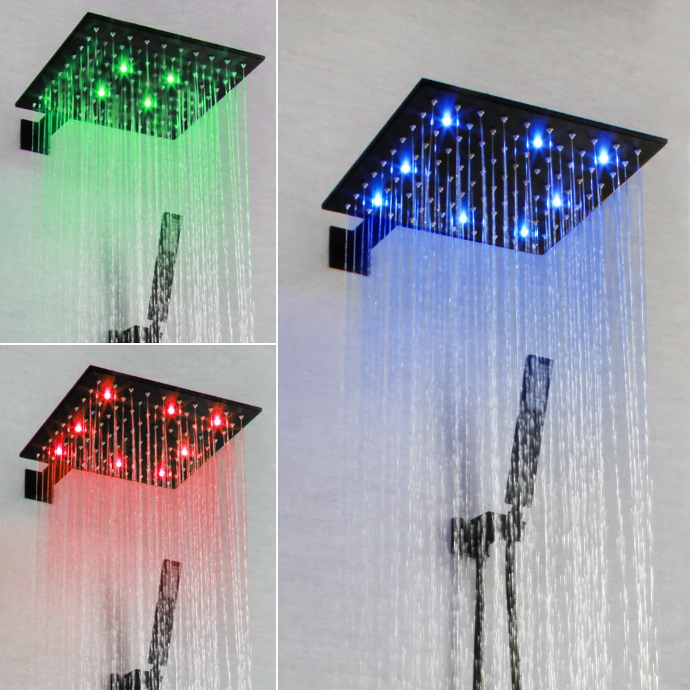 

SKOWLL Rainfall Shower Faucet Set Wall Mount Bathroom Shower System 3 Color Changing LED Shower, Matte Black SK-7636