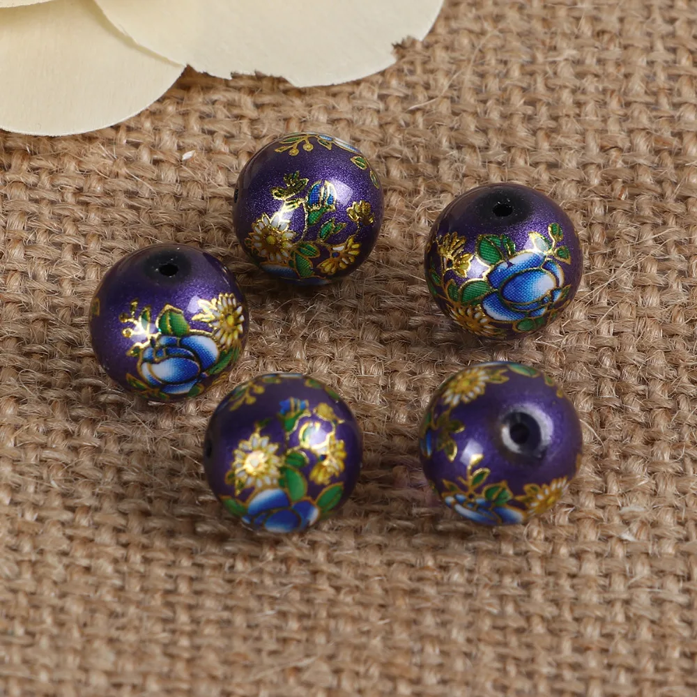 DoreenBeads Glass Painting Vintage Japanese Tensha Beads Round Rose Flower Pattern Imitation Pearl About 12mm( 4/8") Dia, 5 pcs