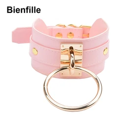 Handmade Romantic Cute Pink Wide Leather Choker Collar 2 Layer PU Women Leather 60MM  Gold Color Big O Round Necklace