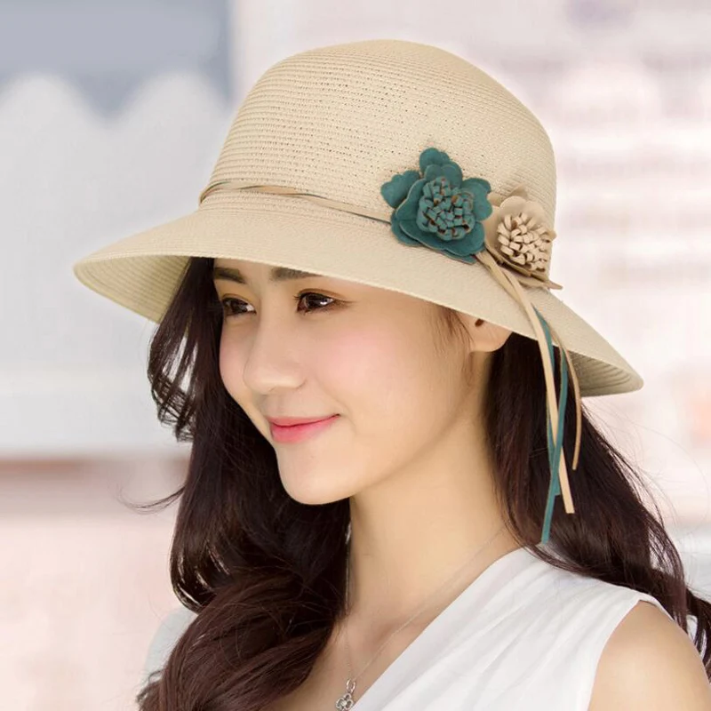 2019 Summer New Solid Floppy Straw Hats For Women Flower Accessories Ladies Summer Beach Sun Caps Panama Style Hat