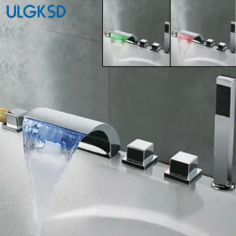 Ulgksd 5 pcs Bathtub Faucet LED waterfall spout Mixer Taps Chrome Brass Bathroom Shower Faucet with Handshower