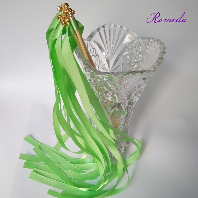 

50pcs/lot green wedding ribbon wands with gold bell ribbon Twirling Streamers wedding ribbon stick