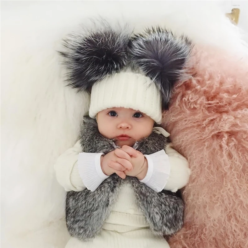 JX Watcher Winter Doppel Echtpelz Pom Pom Hut für Kinder Baby Strick mützen mit zwei Pelz Pompons Jungen Mädchen hochwertige Mütze Mütze – Detail 19