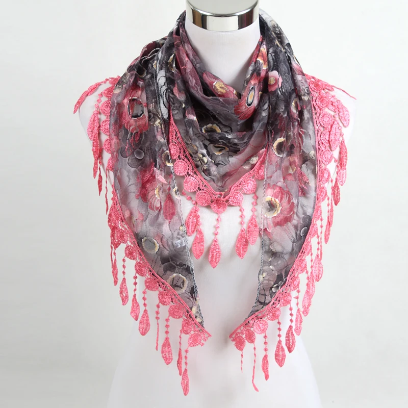 Women Fashion Triangle Scarf Lace Floral Summer Beach Tassel Scarves Chiffon Silk Wrap Pashmina Stole Foulard Hijab SJJ02