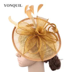 Gold Sinamay Hats Feather Flower Fascinators For Party Hats Bridal Hair Accessories Wedding Cocktail Hats High Quality SYF205