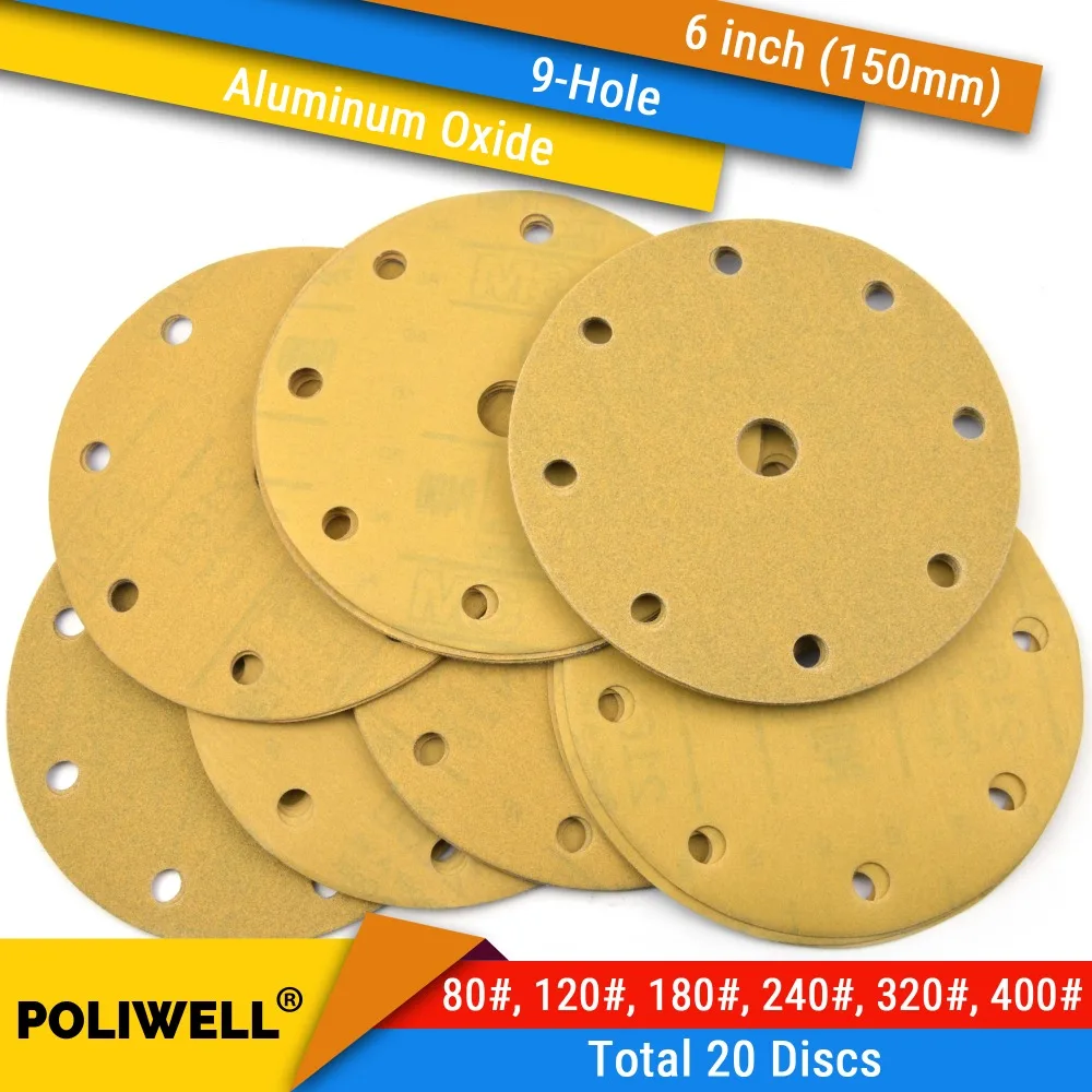 

20PCS 3M-236U 6 Inch(150mm) 9-Hole 80#-400# Grit Hook&Loop Sanding Discs for Dry Sanding Round Self-adhesive Flocking Sandpaper