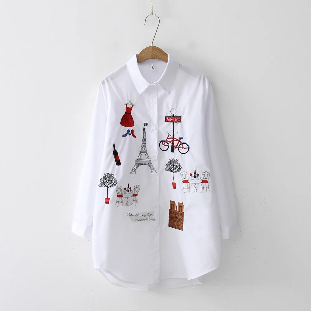 2020 NEW White Shirt Casual Wear Button Up Turn Down Collar Long Sleeve Cotton Blouse Embroidery Feminina HOT Sale T8D427M