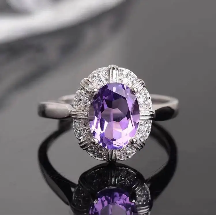 Free Shipping Amethyst ring Natural real amethyst 925 sterling silver Fine purple crystal rings Gem size: 7*9mm