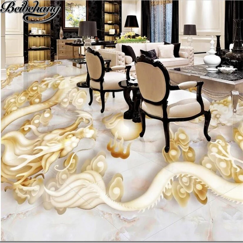 

beibehang Custom floor decoration painting 3D Chinese Erlongxizhu relief jade 3D floor tiles painting papel de parede flooring