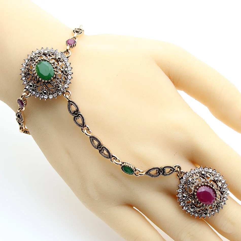 Retro Turkish Adjustable Ring Bracelet Jewelry Sets Women Antique Gold Color Resin Flower Bracelet Arabia Dancer Bridal Jewelry