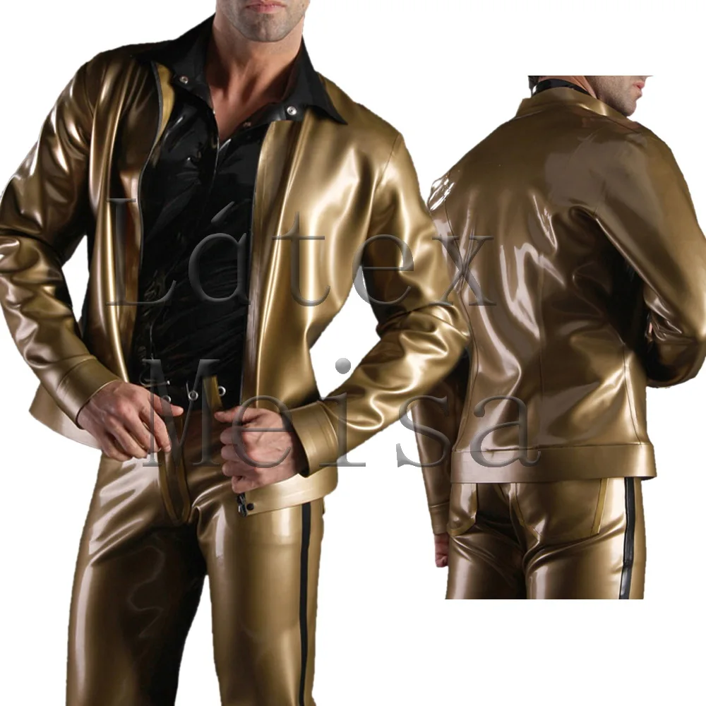 

Bling gold color wide-waisted latex jacket men with front zip