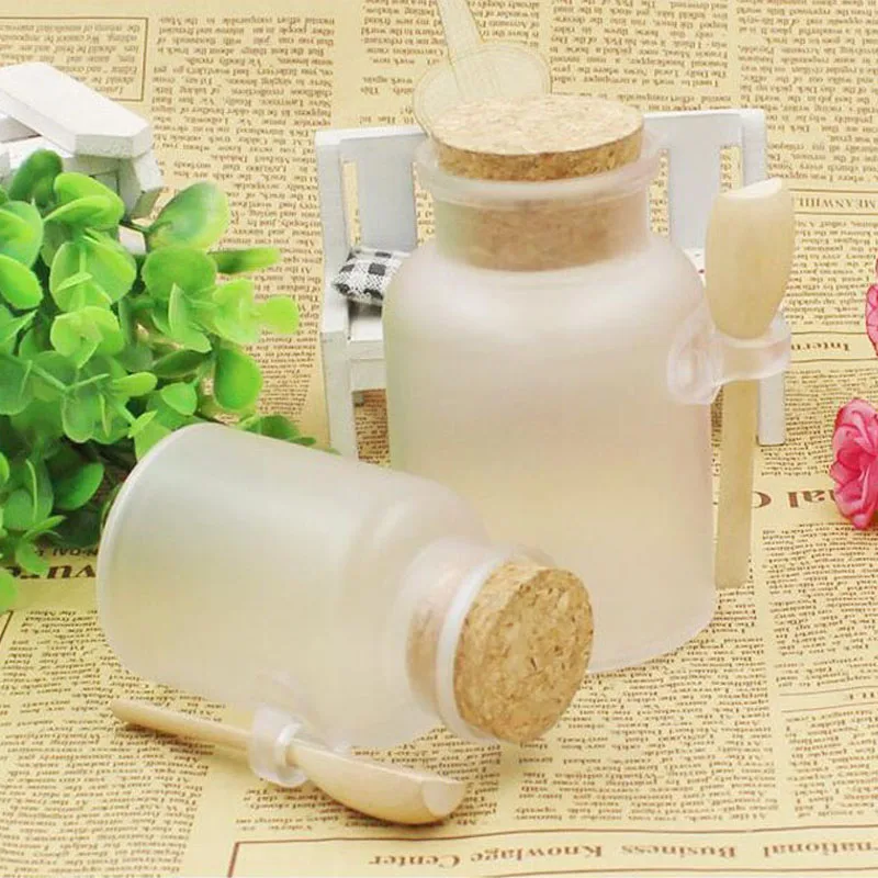 100ml Empty Powder Plastic Bottle 100G Facial Mask Container Bath Salt Jar Cosmetic with Wood Cork & Wooden Spoon ZA1744