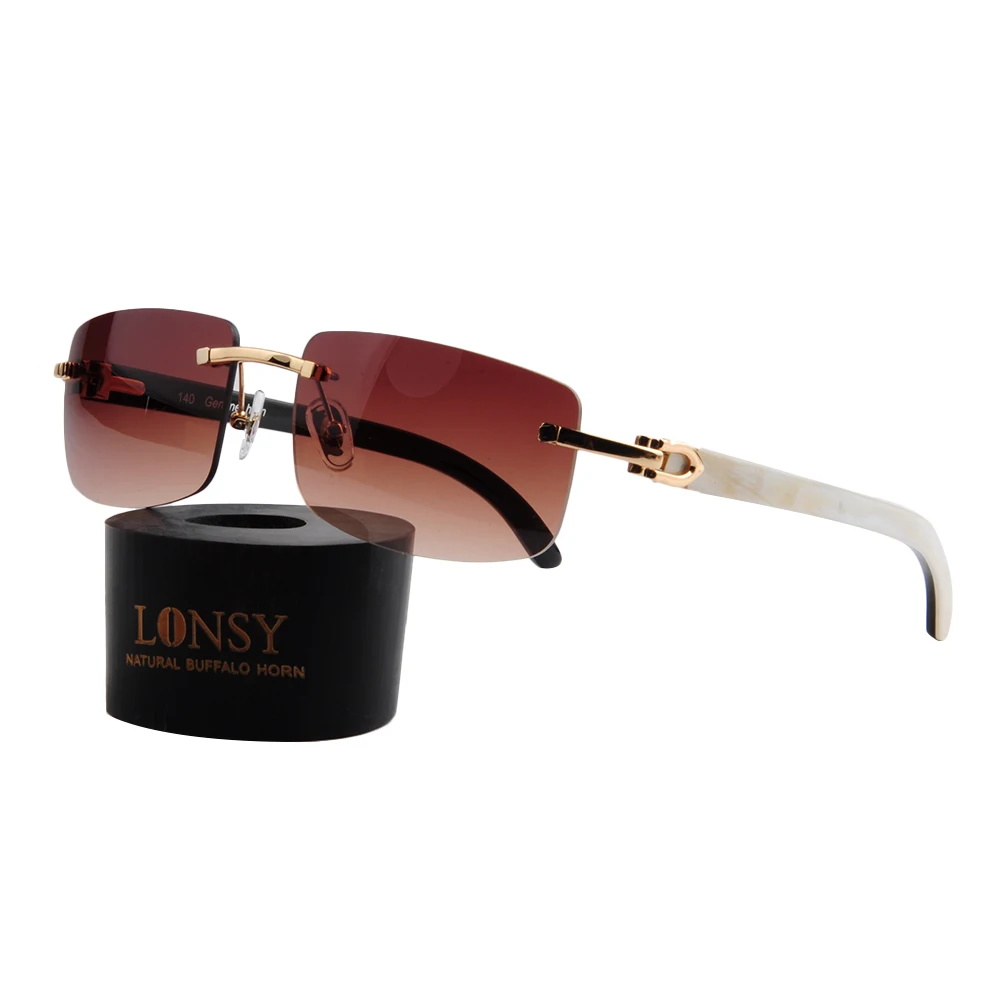 LONSY Fashion Rimles Buffalo Horn Sunglasses Women Brand Designer Vintage Square Sun Glasses For Men Oculos De So Feminino