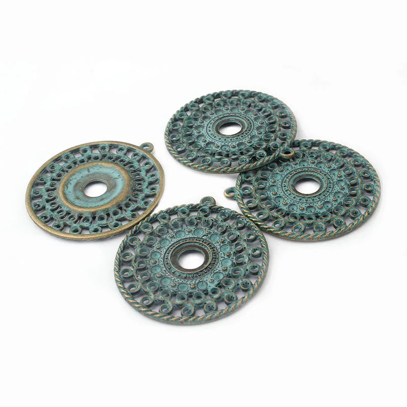 5pcs Verdigris Patina  Carve Hollow Round Charms Pendants 10mm bezel blank For Handmade Necklace Jewelry Findings Making