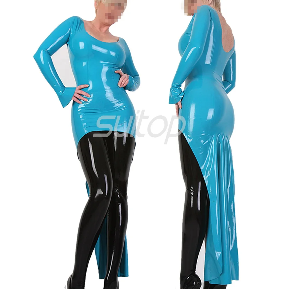 

Latex Rubber mermaid Dress sexy club long dresses longuette blue color eveningwear evening clothes