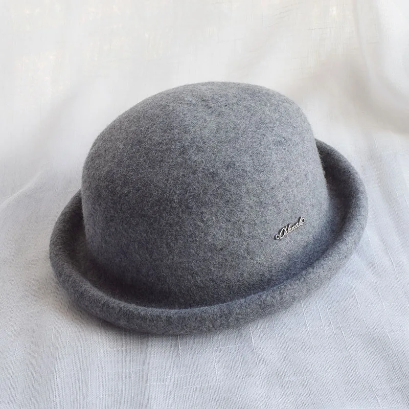 Winter Grey Wool Felt Bowler Hat Chapeau Women Fedoras Female Derby Caps BMDW026