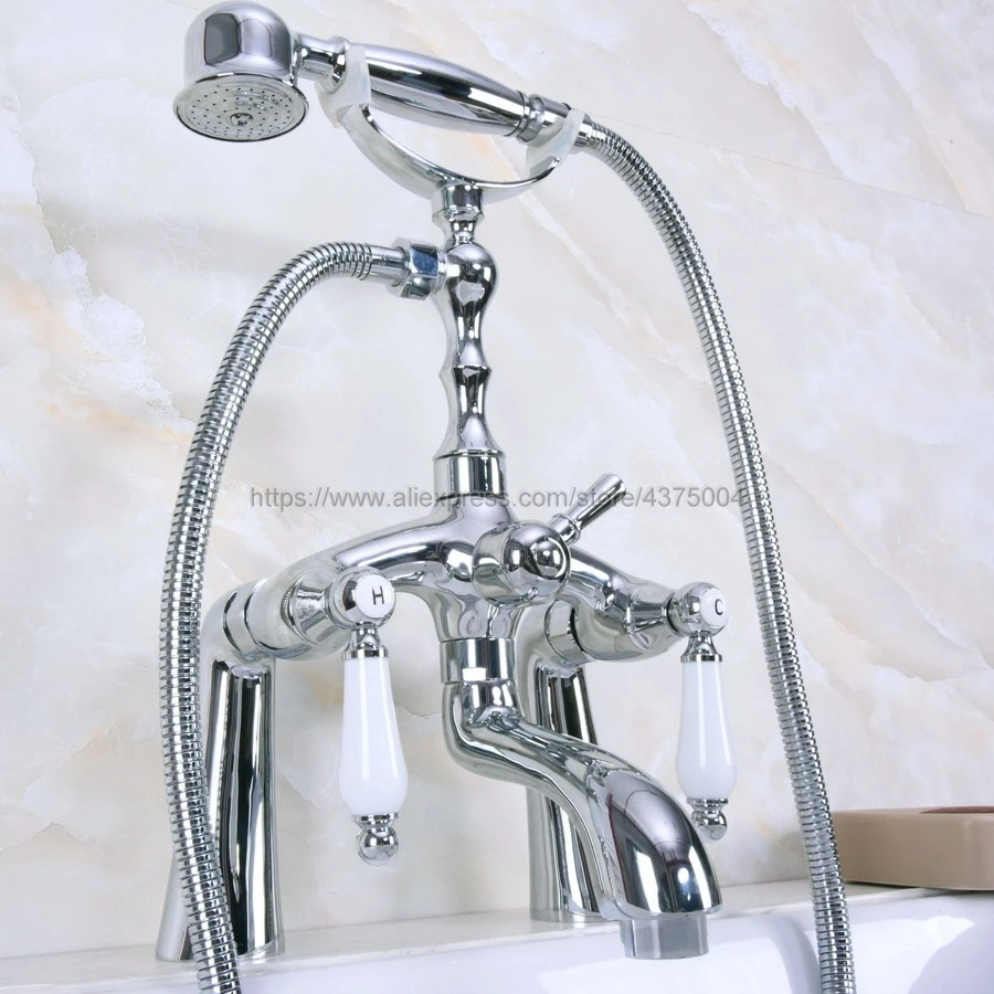 

Polished Chrome Deck Mounted Telephone Shape Spout Bathtub Mixer Tap Dual Crossed Handles with hand shower faucets Nna103