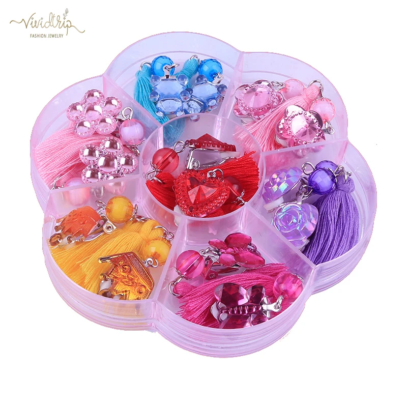 New Style 7pairs/Set Cute Acrylic  Tassel Clip on Earrings for Children's Girls Kids Party Lovely No Hole Ear Clip Jewelry Gifts image 5