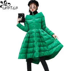 UHYTGF New Winter Skirt Style Down Jacket Coat Women's One Word Collar Slim Fluffy Down Cotton Luxury Long Cloak Warm Jacket 983