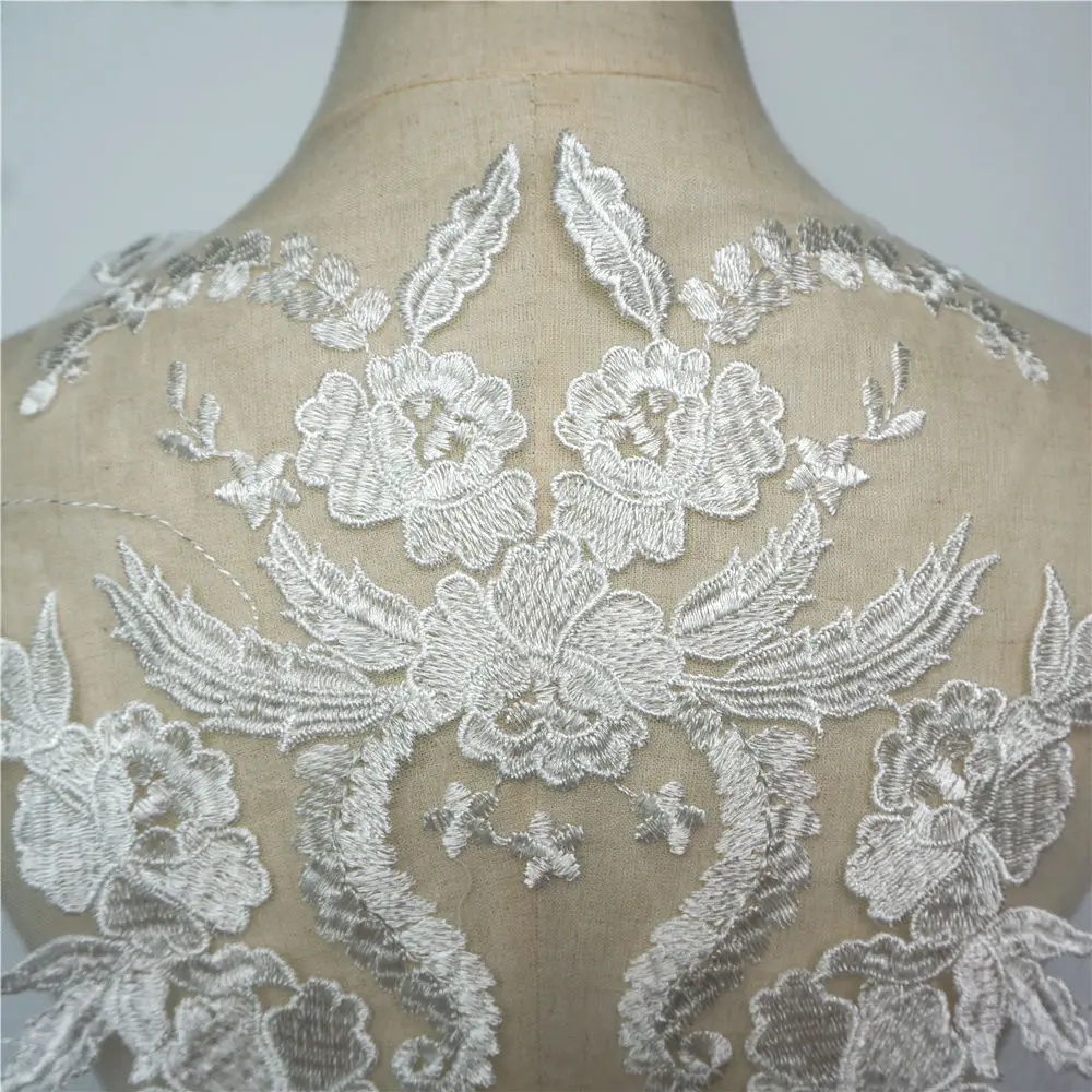 White Flowers Wedding Gown Appliques Embroidered Fabric Collar Lace Trims Mesh Sew On Patch For Dress DIY Decoration