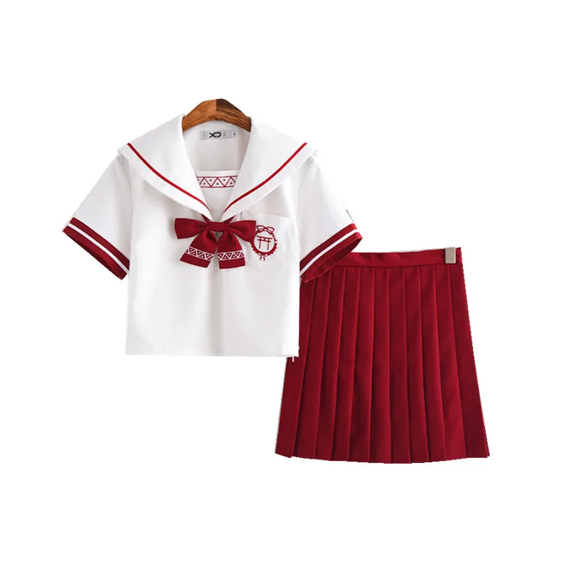 Women Girls Sailor Suit Short sleeve Red JK Uniform Dress for Students Graduates White top + Red skirt XXXL