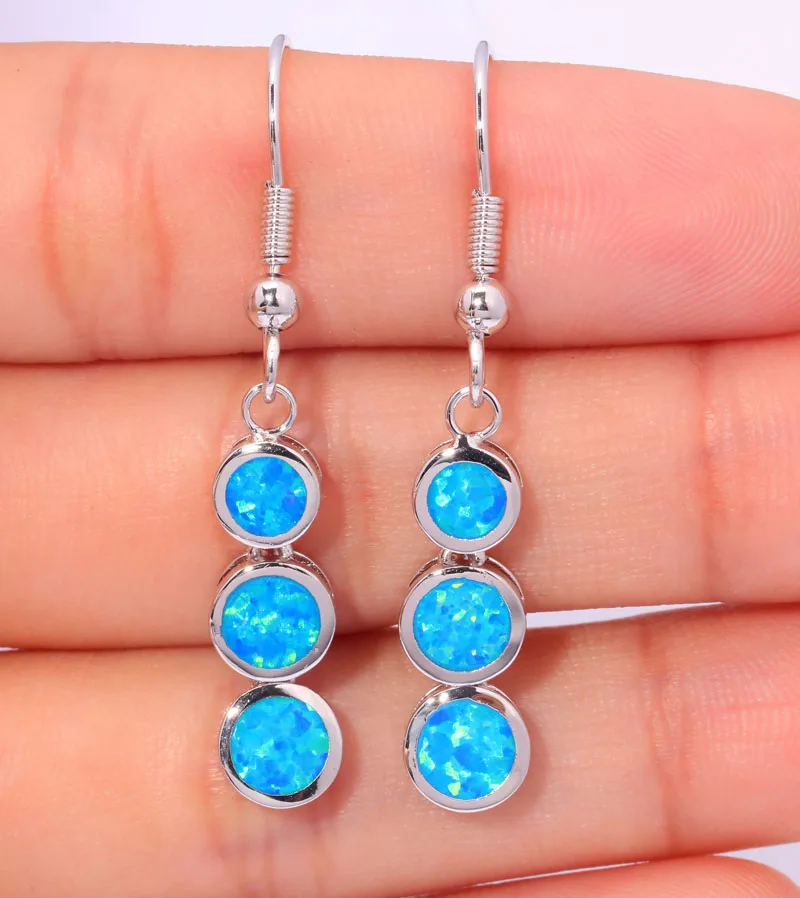 CiNily Created Blue Fire Opal Earrings Silver Color 3 Round Long Earring for Women Fashion Jewelry Pierced Dangle Earrings Gifts