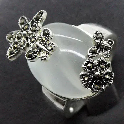 

lady's valentise gift 925 SILVER 28*15MM NATURAL WHITE OPAL JADE MARCASITE RINF SIZE 7/8/9/10