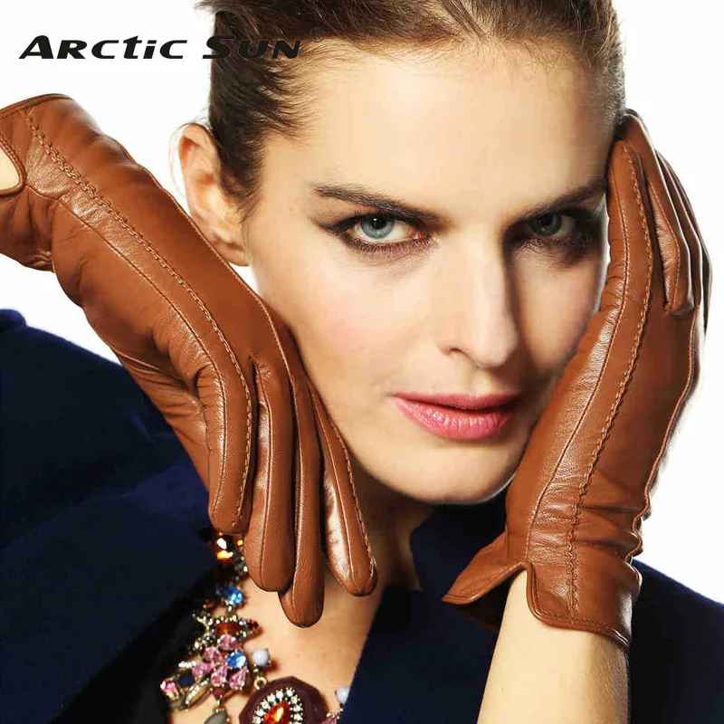 Elegant Women Genuine Lambskin Leather Gloves High Quality Autumn And Winter Plus Velvet Thermal Hot Trendy Female Glove L085NC