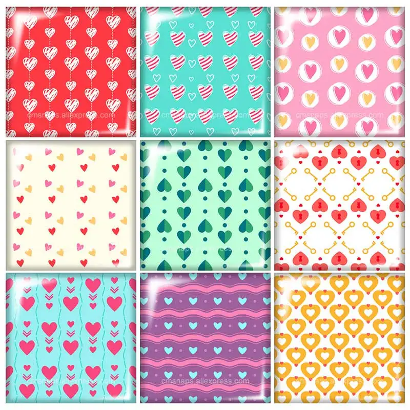 

Love Valentine's Day hearts patterns 10pcs mixed 12mm/20mm/25mm/30mm Square photo glass cabochon demo flat back Making findings