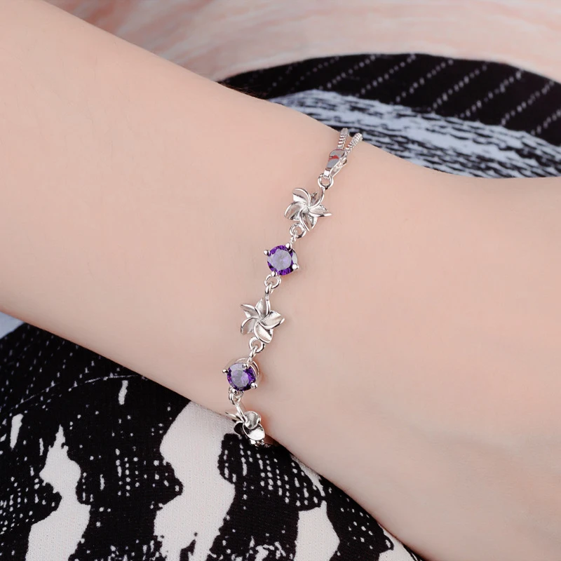 Newest Fashion 925 Sterling Silver Windmill Jasmine Flower Charm Bracelets Purple Cubic Zirconia Elegant Bracelet Women Jewelry