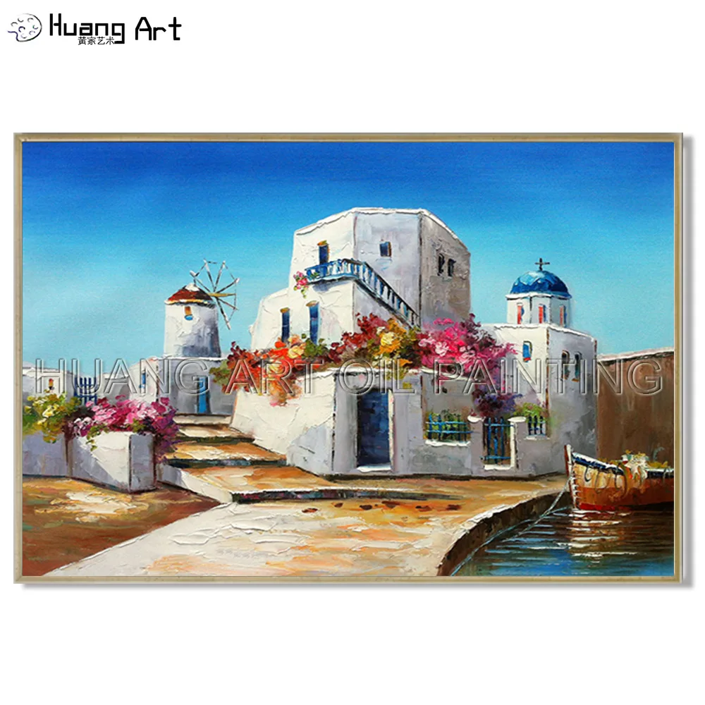 Modern Greece Landscape Oil Painting Artist Hand-painted High Quality White Building Seascape Oil Painting for Living Room Decor