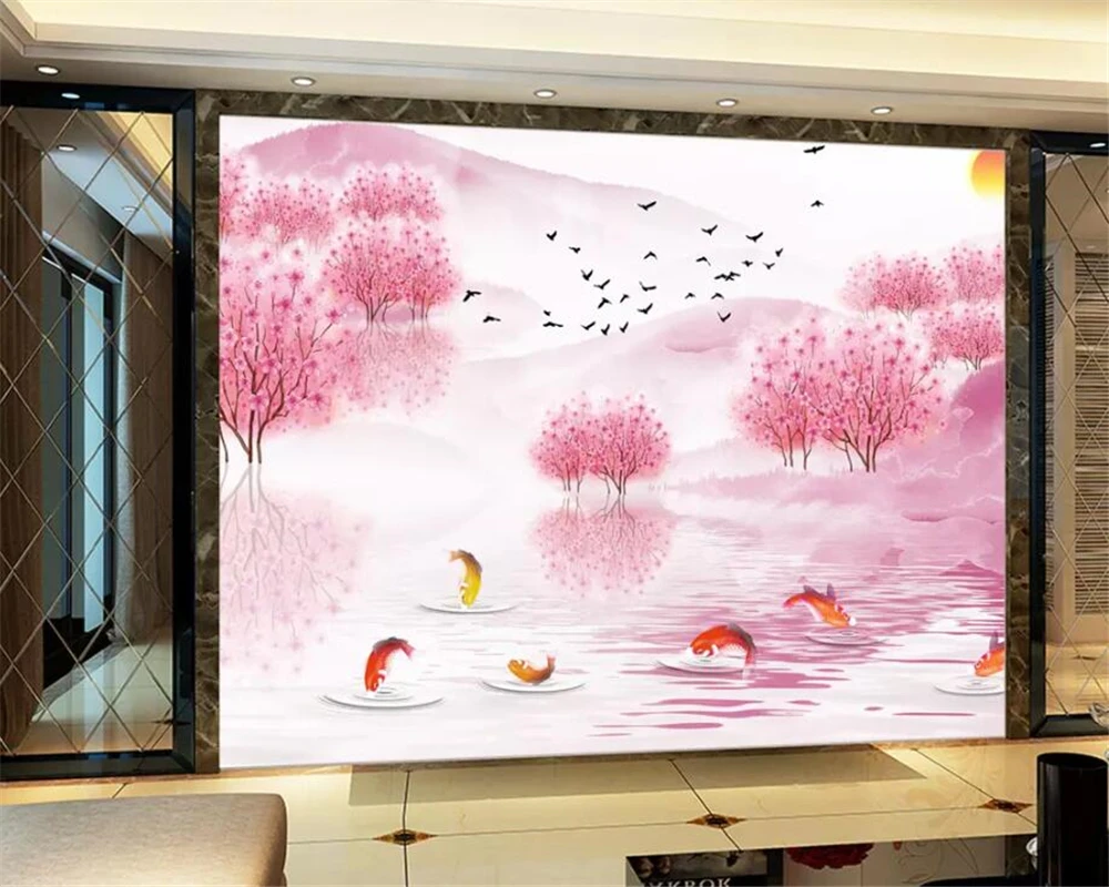 

Beibehang Custom 3D Wallpaper Peach Pink Forest goldfish Landscape Art Mural Bedroom Children Room Photo 3d Wallpaper mural