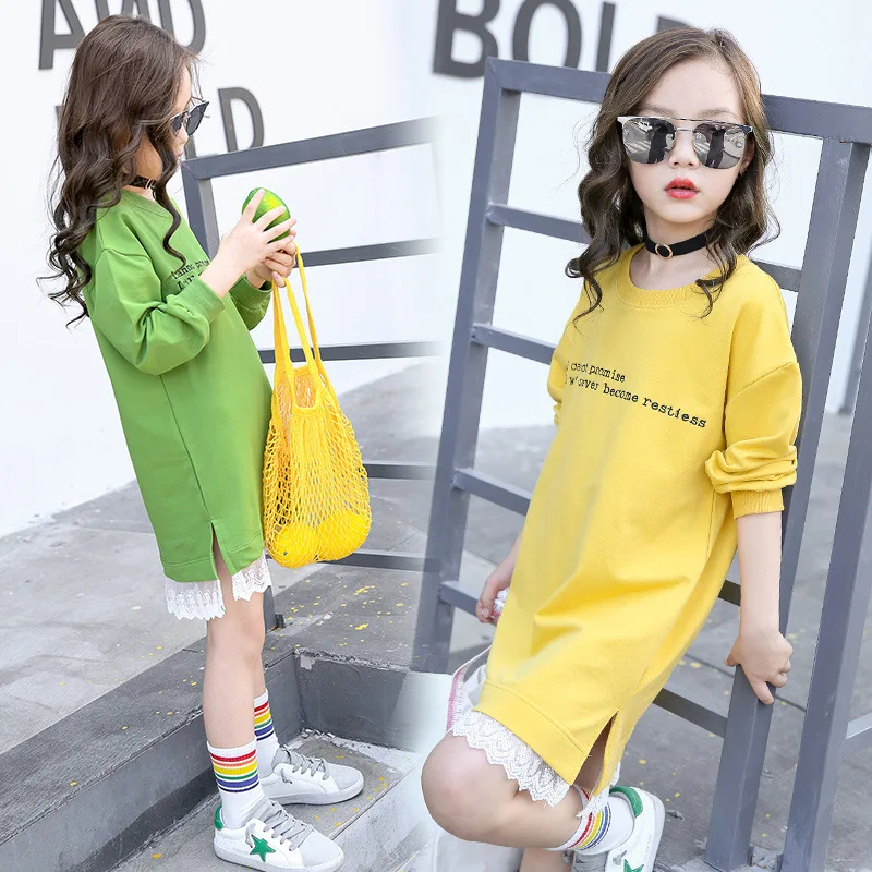 Teenage Girls Hoodie Dress Long Sleeve Girls Dress with Lace Spring New Kids Girls Casual Dresses Girls T-shirt Dress Fall