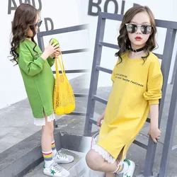 Teenage Girls Hoodie Dress Long Sleeve Girls Dress with Lace Spring New Kids Girls Casual Dresses Girls T-shirt Dress Fall